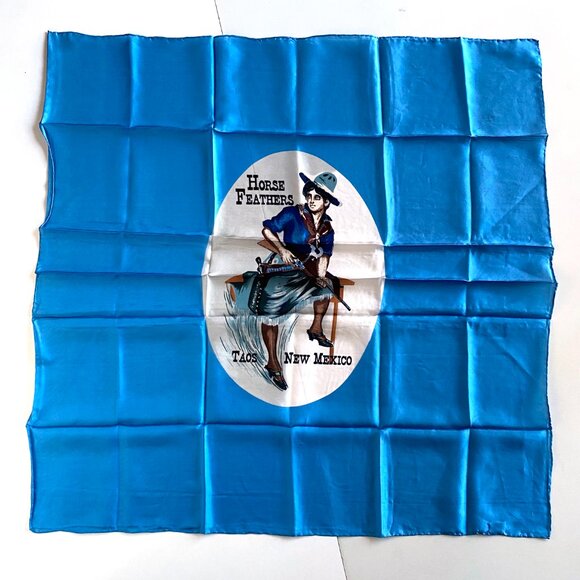 100% Silk Square Scarf Horse Feathers Taos New Mexico Western Souvenir Turquoise - Picture 3 of 8